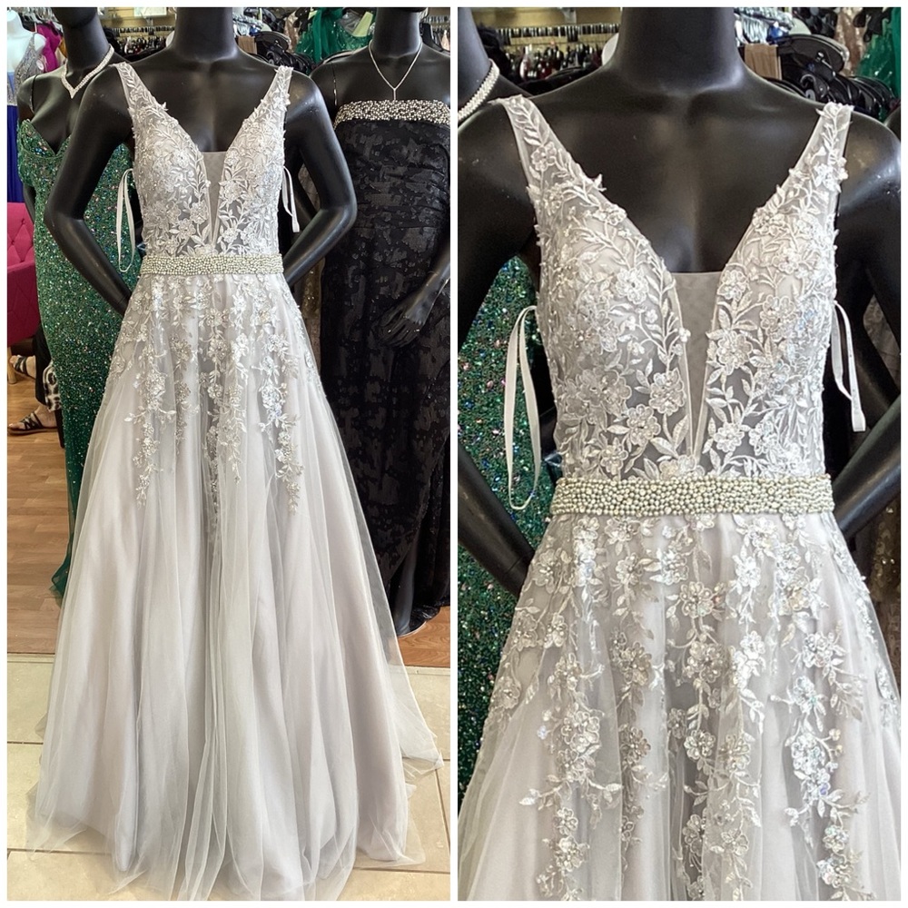 Jvn00925 silver size 6 a-line floral and tulle dress with beaded belt nwt
